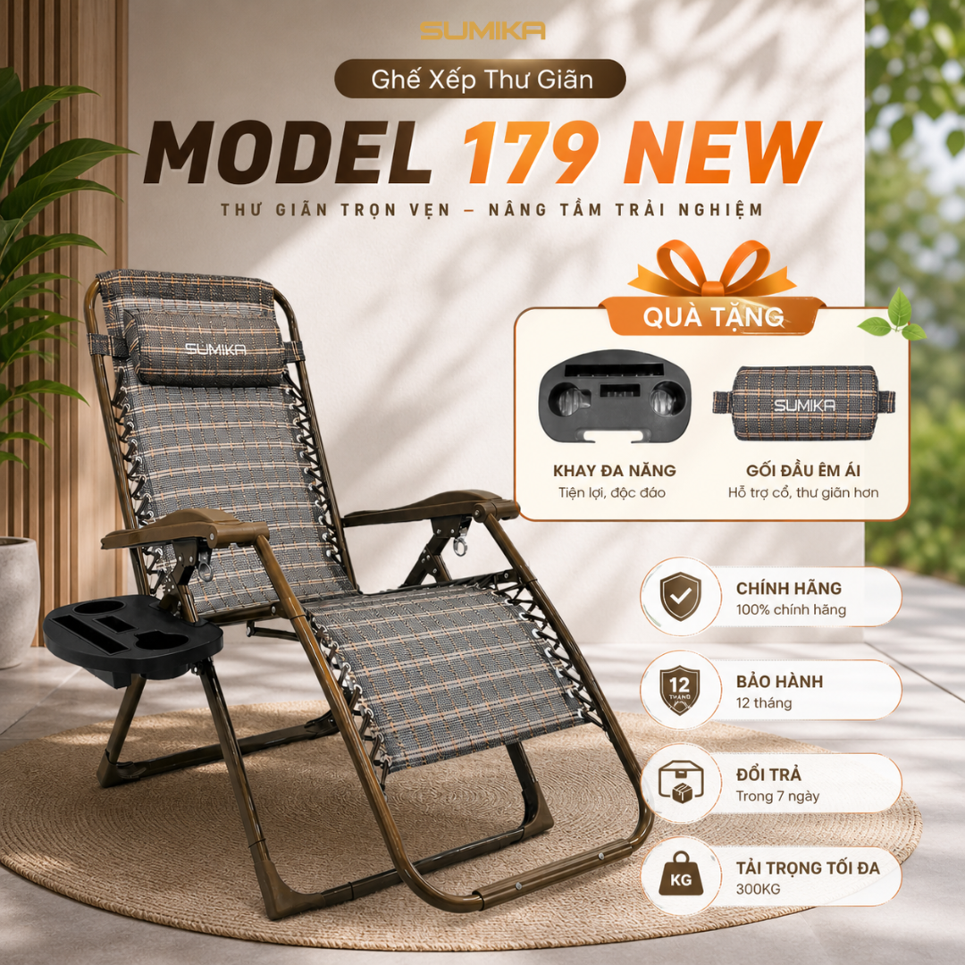 Ghế xếp thư giãn bằng vải màu đen có khung kim loại Sumika. Model: 179 NEW