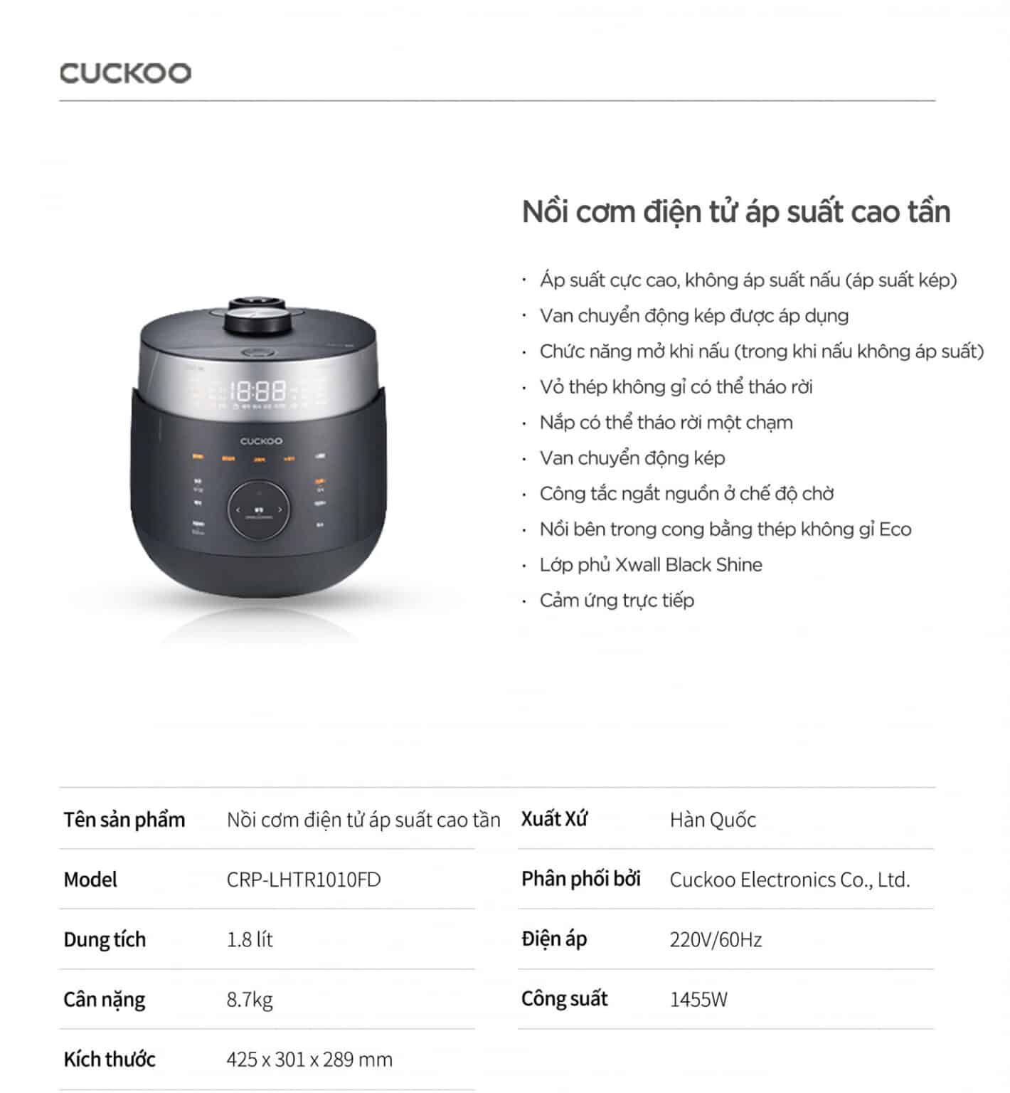 Nồi cơm điện tử áp suất kép cao tần Cuckoo CRP-LHTR0610FD Xám Bạc 1.08L