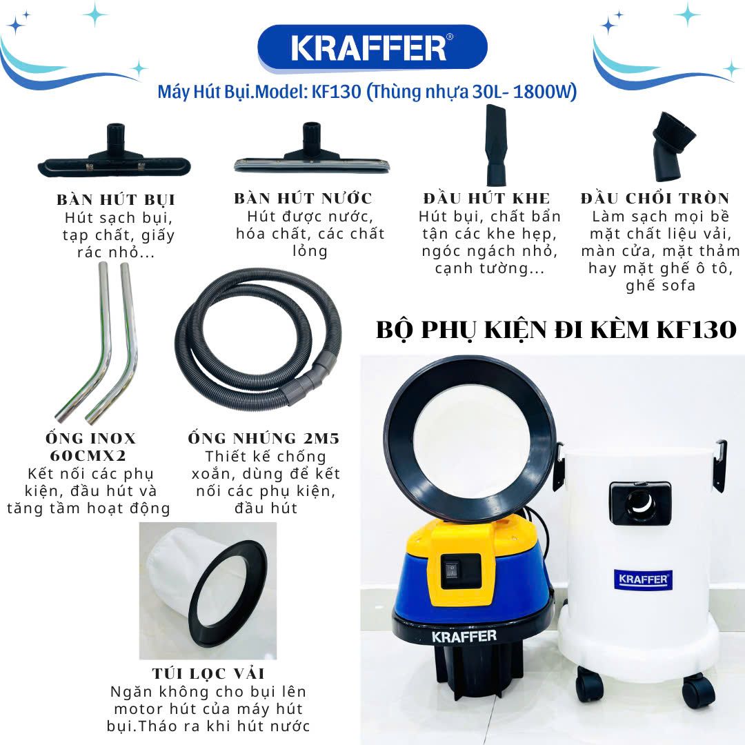 Máy Hút Bụi Hút Nước Công Nghiệp Kraffer KF130 (Thùng Nhựa)