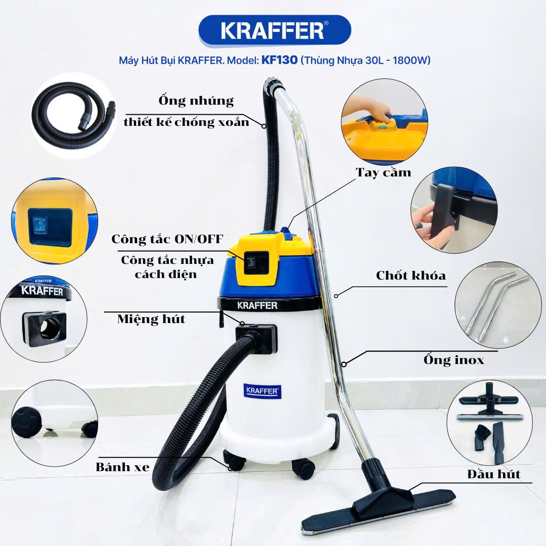 Máy Hút Bụi Hút Nước Công Nghiệp Kraffer KF130 (Thùng Nhựa)