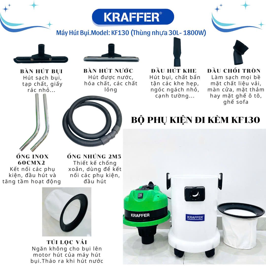 Máy Hút Bụi Hút Nước Công Nghiệp Kraffer KF130-Green