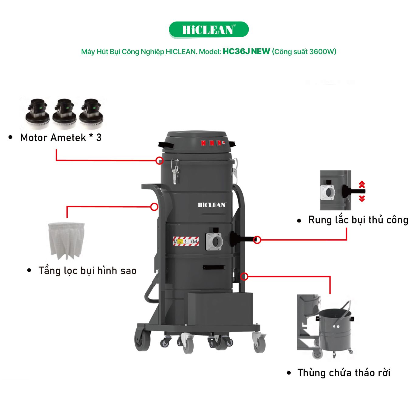 Máy Hút Bụi Công Nghiệp Nhà Xưởng HiClean HC36J NEW