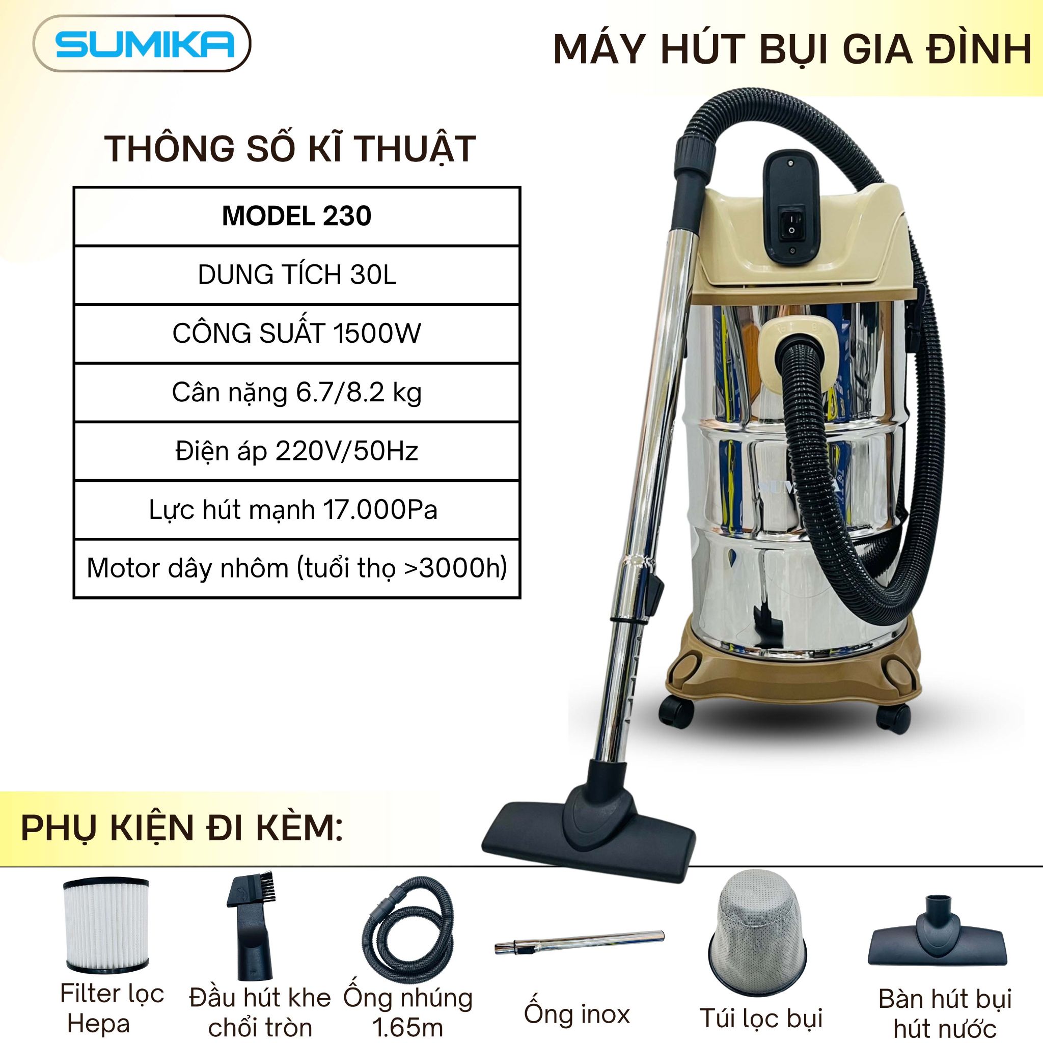 Máy hút bụi hút nước Sumika. Model: 230s