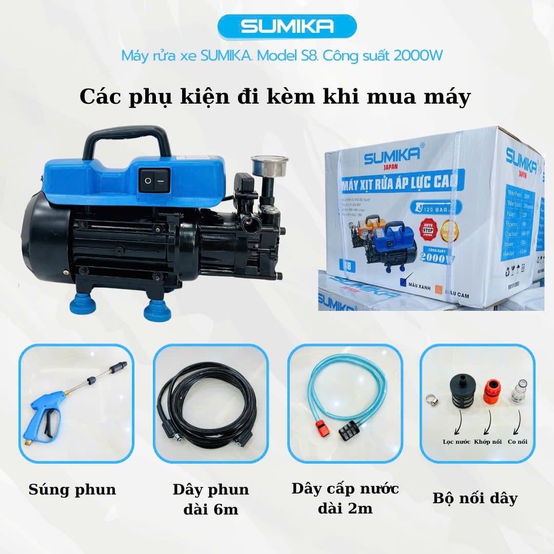 Máy phun bắn tia nước áp lực cao Sumika dùng điện, 80-120bar, 2800RPM. Model: S8