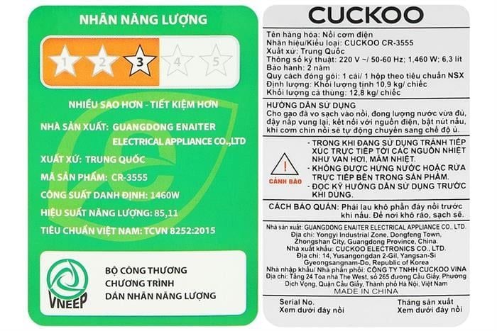 Nồi cơm điện Cuckoo CR-3555/BKSTVNCRCV 6.3L