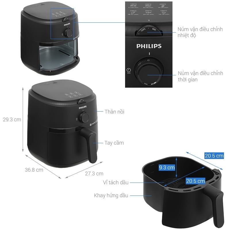 Nồi chiên không dầu Philips Series 1000 NA120/00 4.2L, công suất 1500W, núm xoay cơ