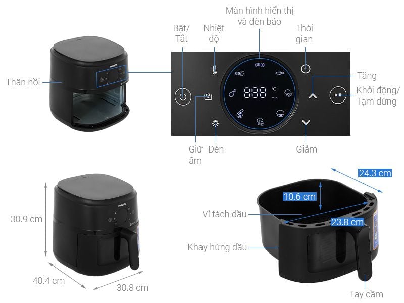 Nồi chiên không dầu Philips Series 2000 NA230/00 6.2L, công suất 1700W, màn hình cảm ứng