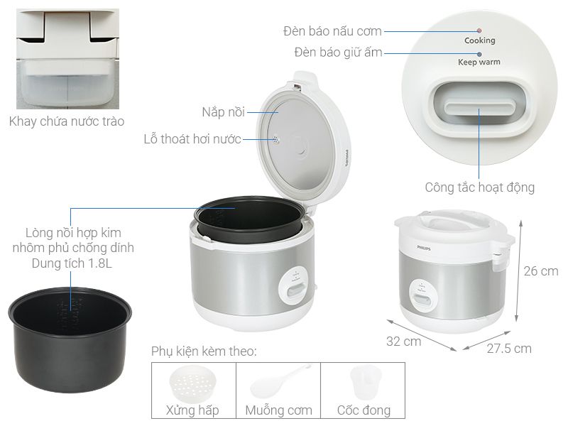 Nồi cơm nắp gài Philips HD3008/30 1.8L, công suất 775W, giữ ấm 48 giờ