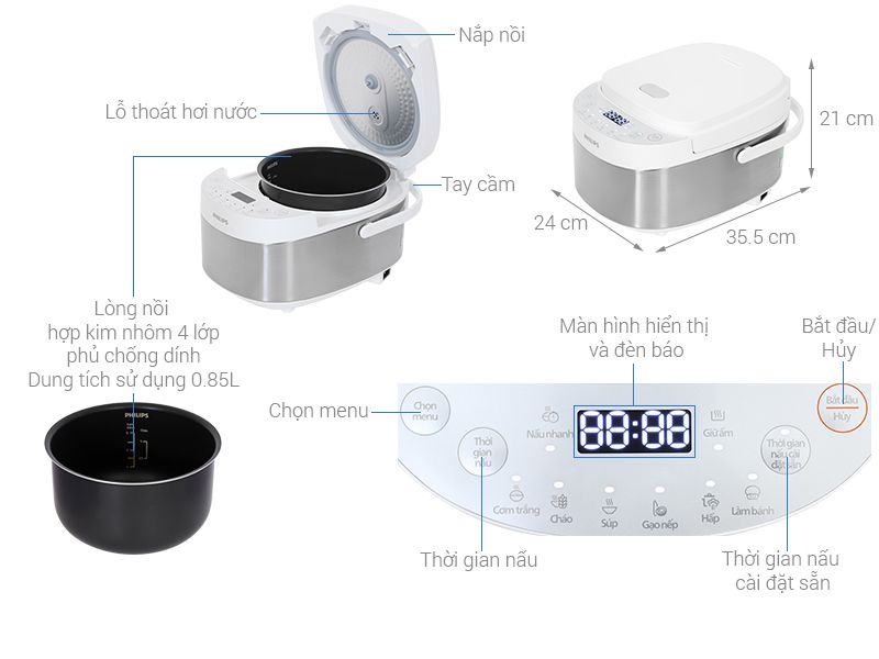 Nồi cơm điện tử mini Philips HD3170/66 0.85L, công nghệ Fuzzy Logic, hẹn giờ 24 giờ