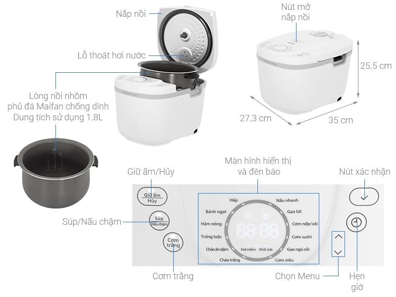 Nồi cơm điện tử Philips HD4717/30 1.8L, công suất 936W, 15 chế độ nấu