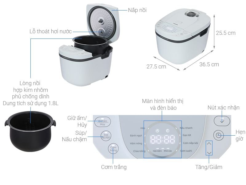Nồi cơm điện tử Philips HD4719/32 1.8L, công suất 936W, công nghệ FreshDefense