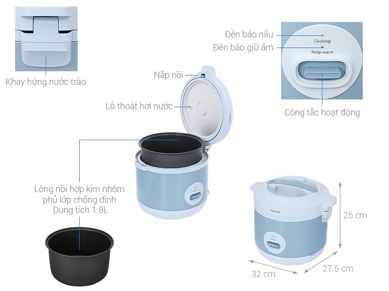 Nồi cơm nắp gài Philips HD3008/32 1.8L, công suất 775W, giữ ấm 48 giờ
