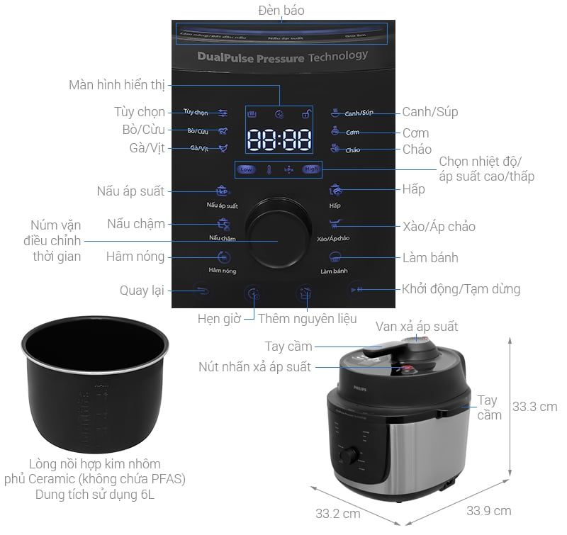 Nồi áp suất điện đa năng Philips HD2616/70 6L, công suất 1000W, công nghệ DualPulse