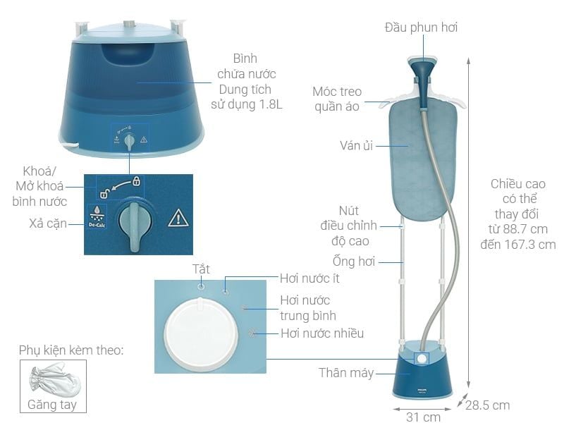Bàn ủi hơi nước đứng Philips STE1040/20 1800W, kèm cầu ủi nghiêng, bình nước 1.8L