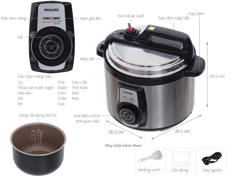 Nồi áp suất điện đa năng Philips HD2103/66 5L, công suất 900W, 14 chức năng nấu