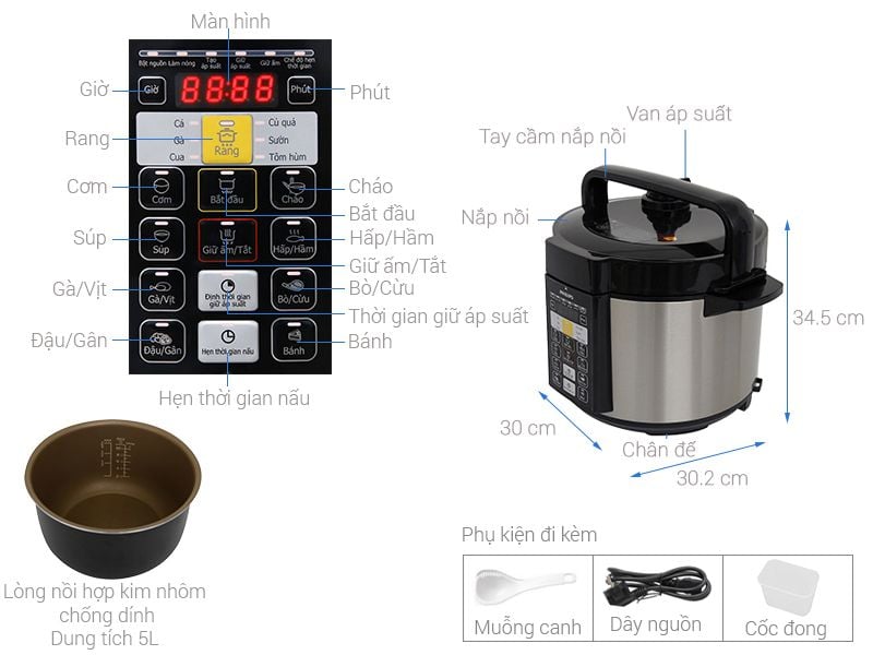 Nồi áp suất điện đa năng Philips HD2136/66 5L, công suất 900W, vỏ thép không gỉ