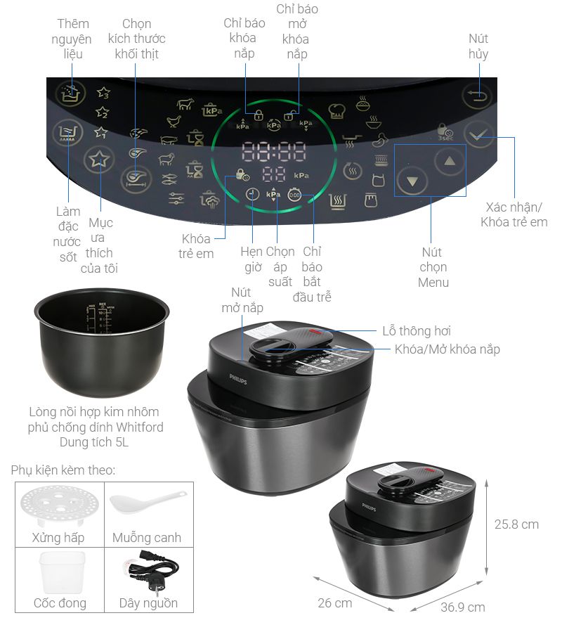Nồi áp suất điện đa năng Philips HD2151/66 5L, lòng nồi chống dính Whitford, xả áp tự động
