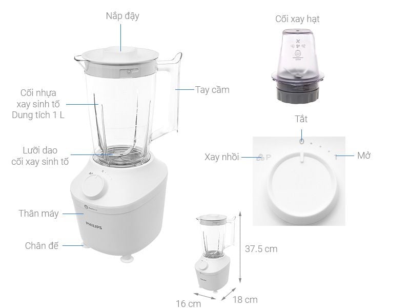 Máy xay sinh tố Philips HR2041/10 450W, công nghệ ProBlend, 2 cối nhựa kháng vỡ