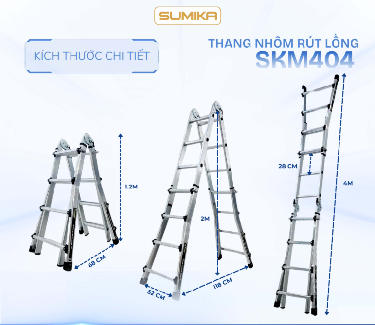Thang Nhôm Rút Lồng SUMIKA SKM404, chữ A cao nhất 2.0m
