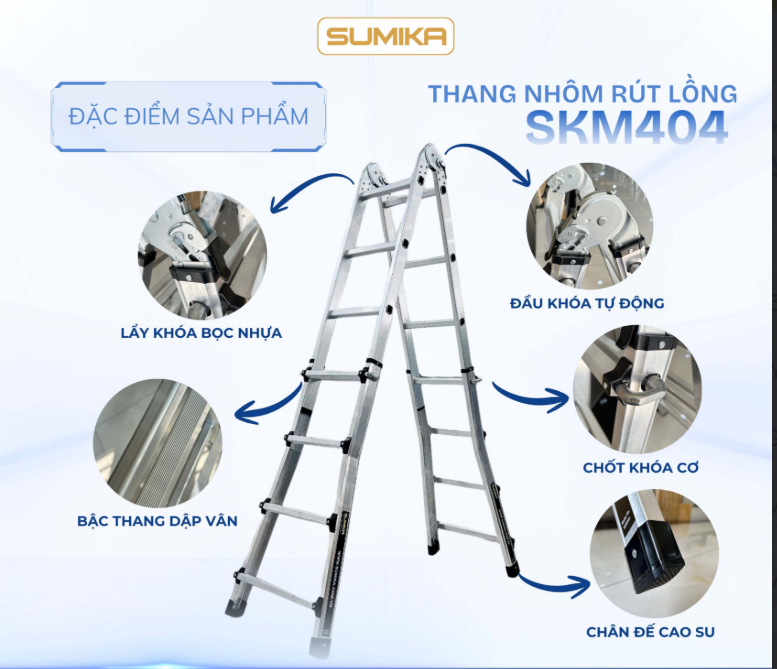 Thang Nhôm Rút Lồng SUMIKA SKM404, chữ A cao nhất 2.0m
