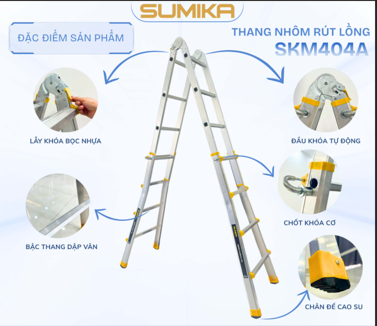 Thang nhôm chữ A rút lồng SUMIKA SKM404A, chữ A cao nhất 2.2m