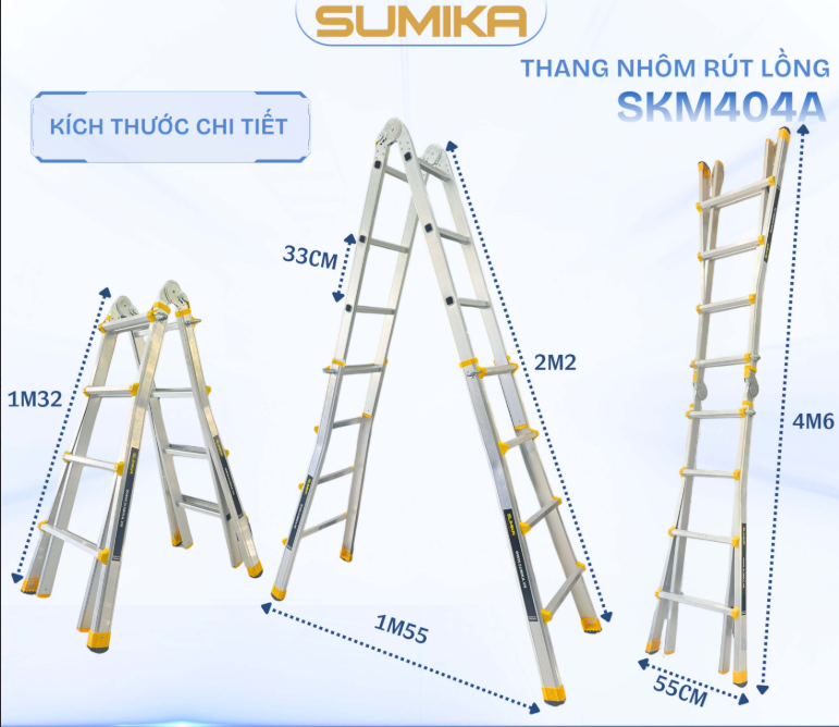 Thang nhôm chữ A rút lồng SUMIKA SKM404A, chữ A cao nhất 2.2m