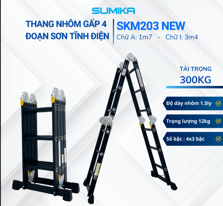Thang nhôm gấp 4 đoạn Sumika SKM203 NEW, chữ A cao 1.73m, chữ I cao 3.58m