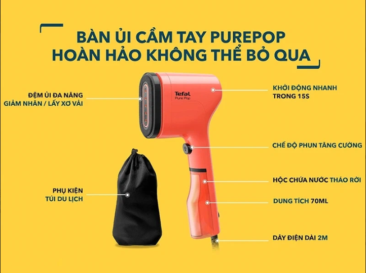 Bàn ủi hơi nước cầm tay Tefal Pure Pop DT2020E1 Xanh Mallard/DT2024E1 Xanh Lơ/DT2022E1 Cam/DT2026E1 Vàng