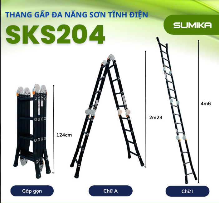Thang nhôm gấp 4 đoạn SUMIKA SKS204, chữ A cao 2.35m, chữ I cao 4.6m