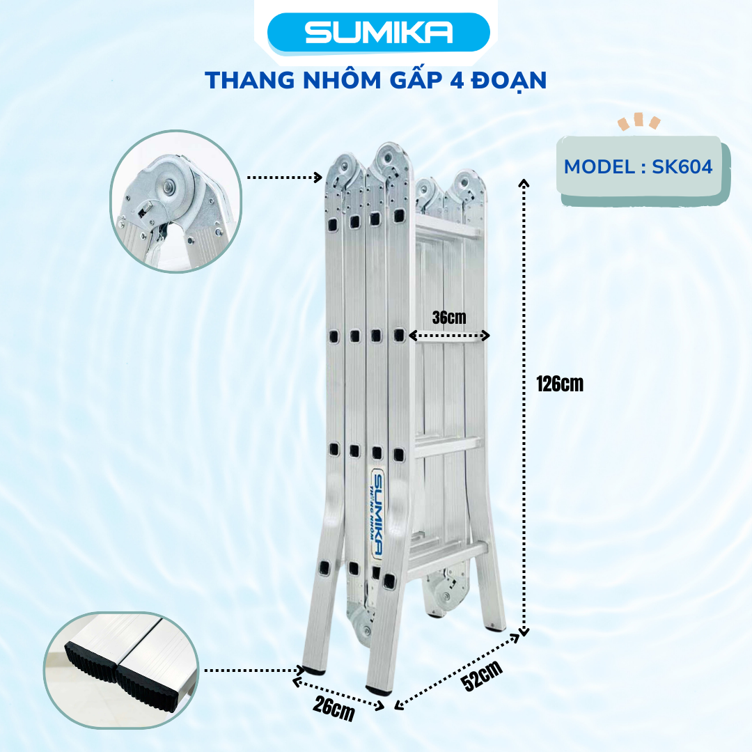 Thang nhôm gấp đa năng 4 đoạn, 16 bậc, 4,7m Sumika. Model: SK604