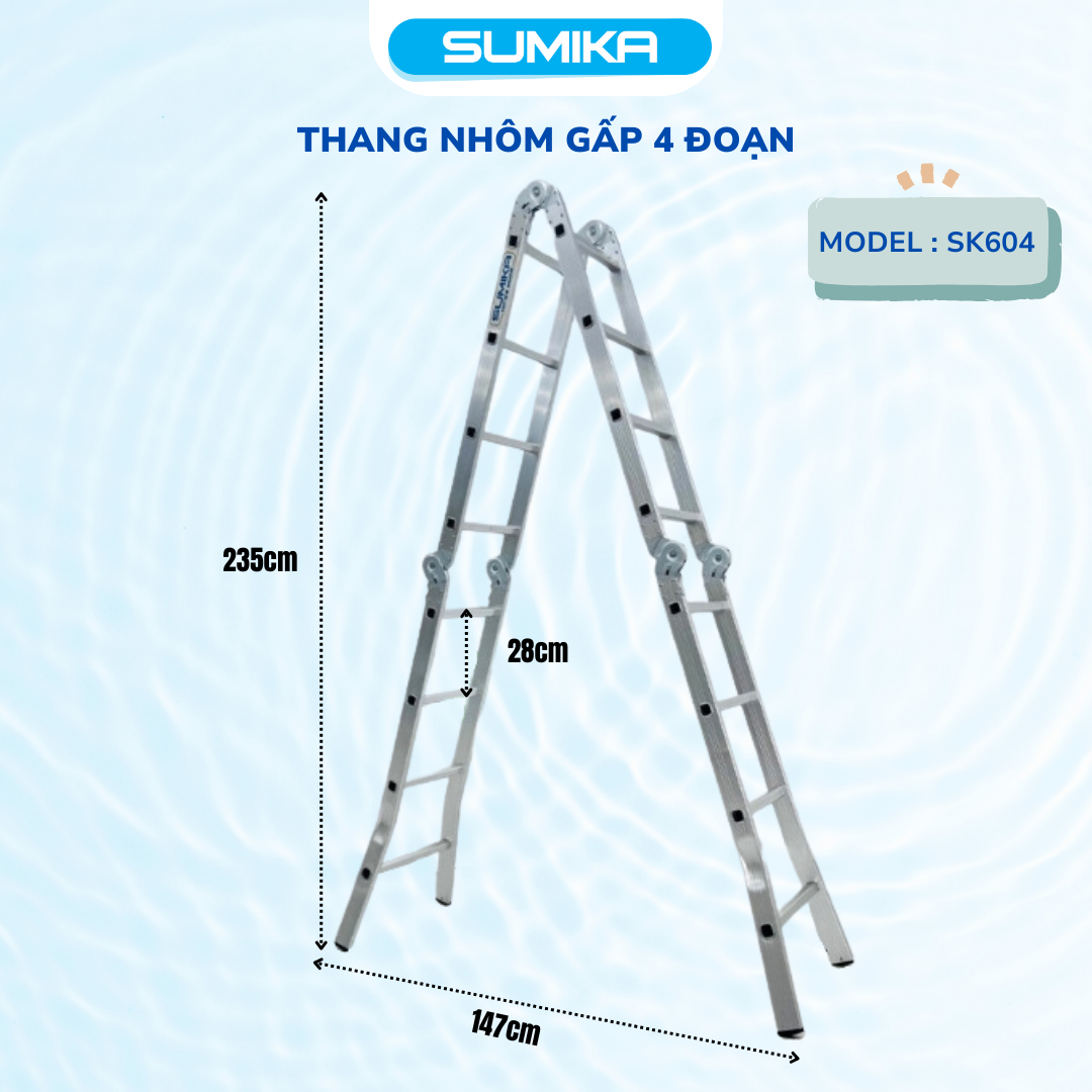 Thang nhôm gấp đa năng 4 đoạn, 16 bậc, 4,7m Sumika. Model: SK604