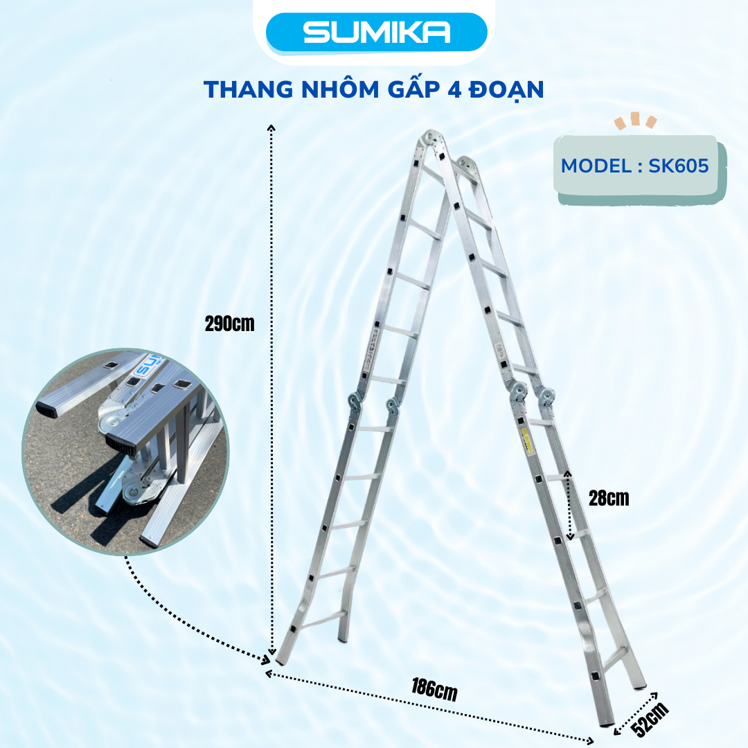 Thang nhôm gấp đa năng 4 đoạn, 20 bậc, 5,8m Sumika. Model: SK605