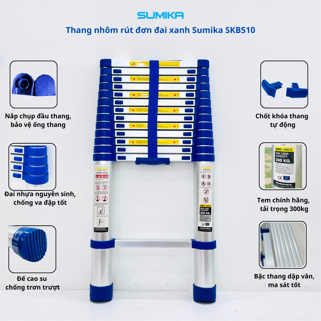 Thang nhôm rút Sumika SKB510, đai xanh, chiều cao 5.1m