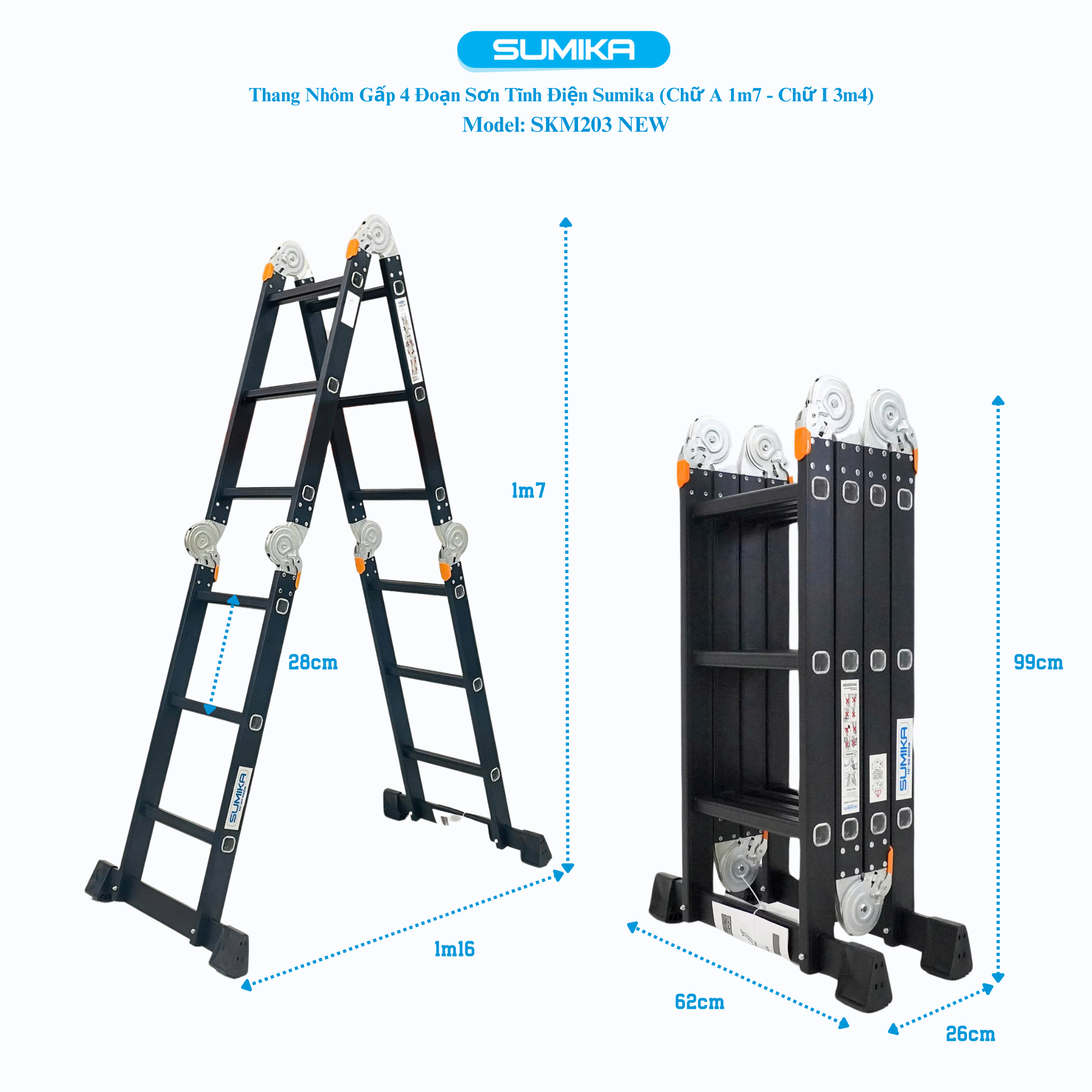 Thang nhôm gấp 4 đoạn Sumika SKM203 NEW, chữ A cao 1.73m, chữ I cao 3.58m