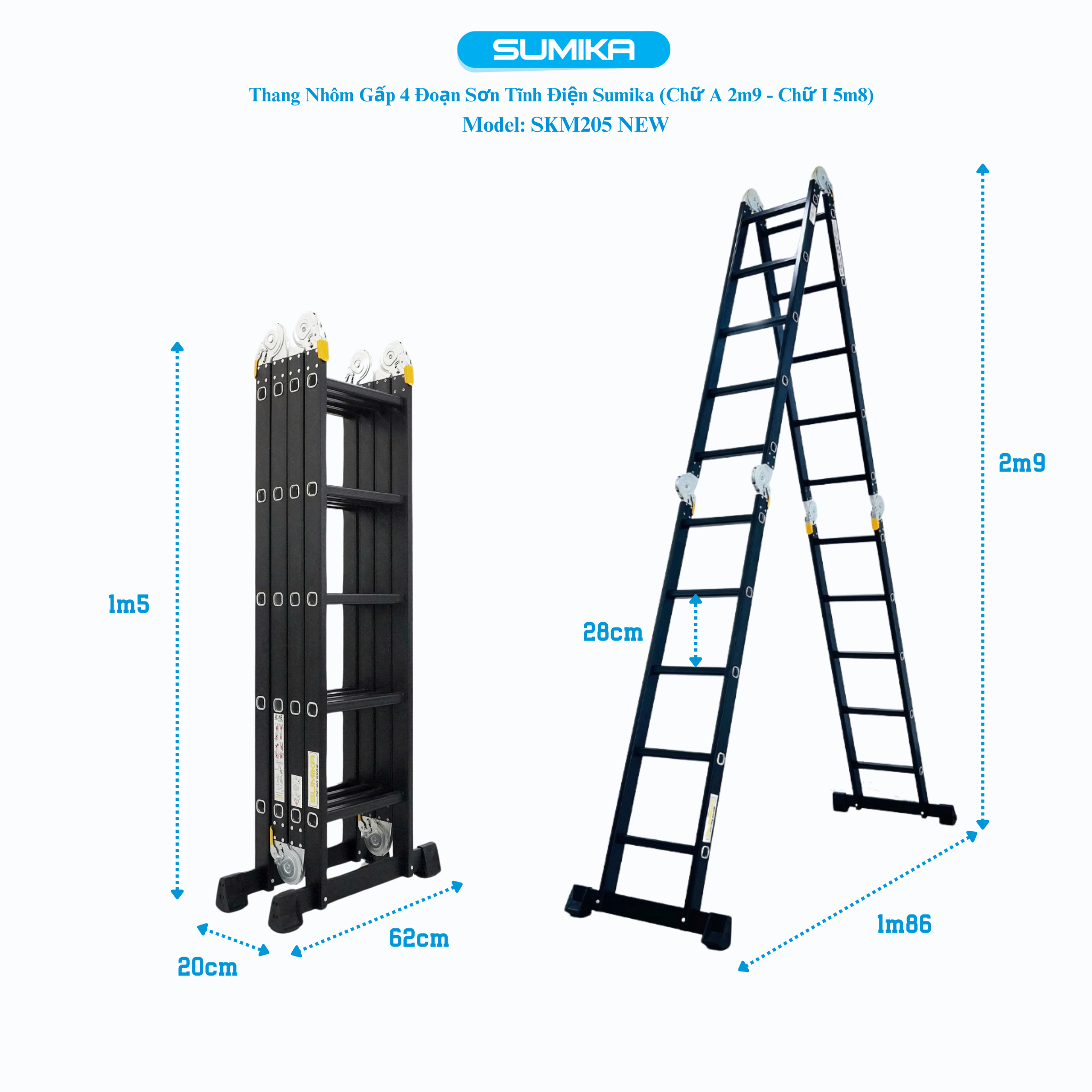 Thang nhôm gấp 4 đoạn SUMIKA SKM205 NEW, chữ A 2.9m, chữ I 5.8m