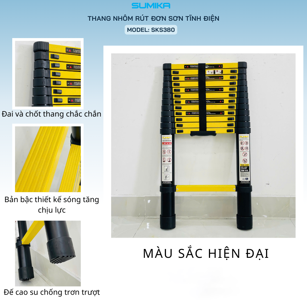 Thang nhôm rút gọn Sumika SKS380, sơn tĩnh điện, chiều cao 3.8m