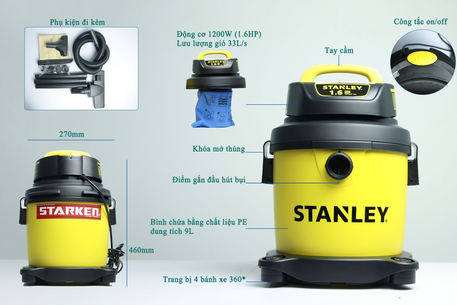 Máy hút bụi Stanley SL19128PA - 9Lit - 2 chức năng hút khô/ướt