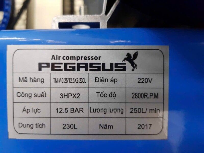 MÁY NÉN KHÍ DÂY ĐAI PEGASUS 2 ĐẦU NÉN, 2 MOTO Model:TM-V-0.25/12.5x2-230L