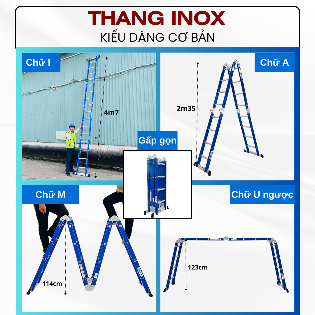 Thang inox gấp 4 đoạn Sumika SKS604, chữ A cao 2.35m, chữ I cao 4.7m