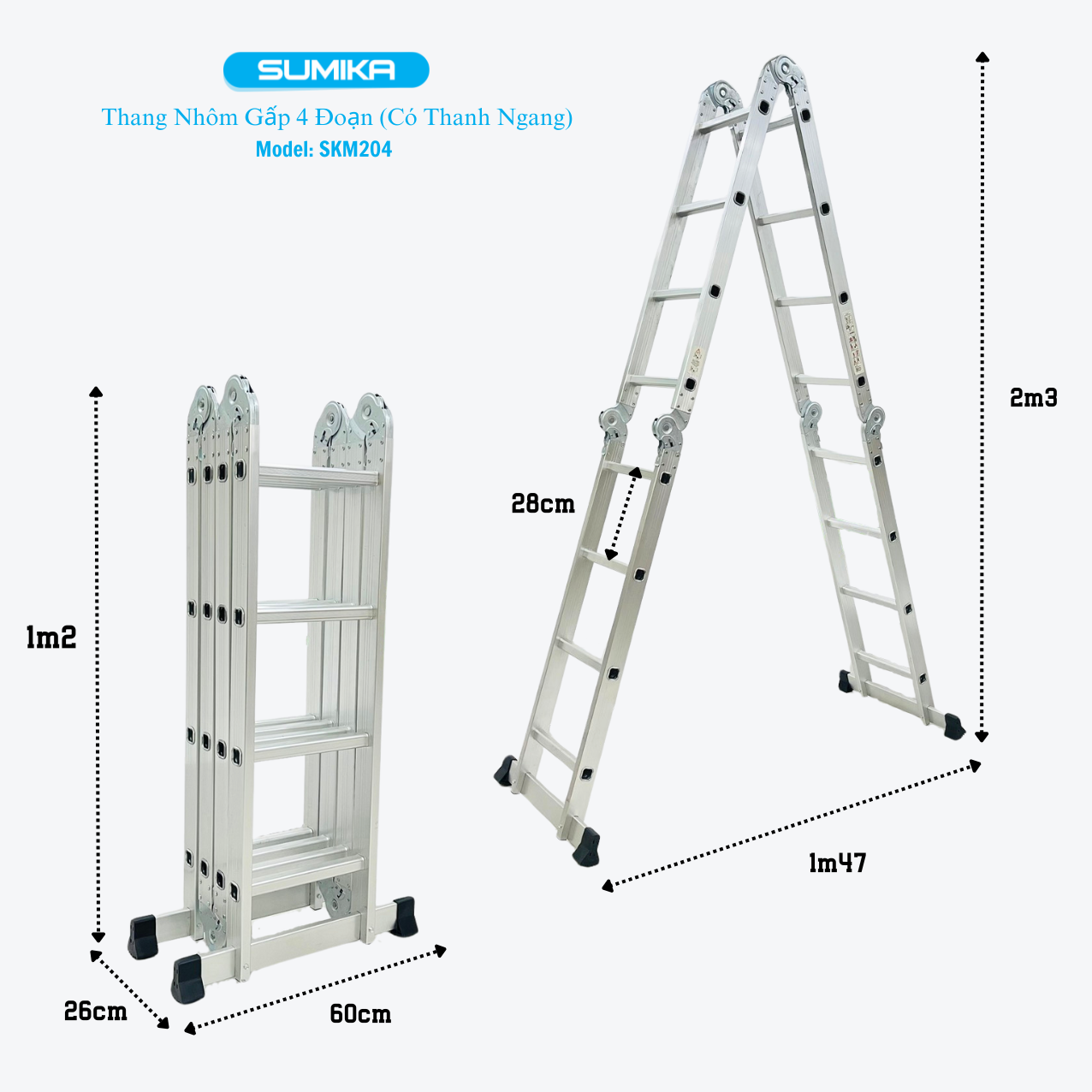 Thang nhôm gấp 4 đoạn Sumika SKM204, chữ A cao 2.35m, chữ I cao 4.7m