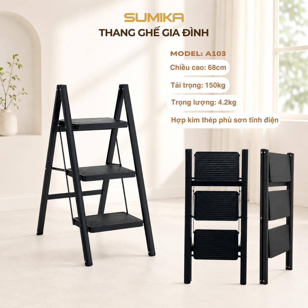 Thang ghế 3 bậc SUMIKA A103 (Black), chiều cao 68cm