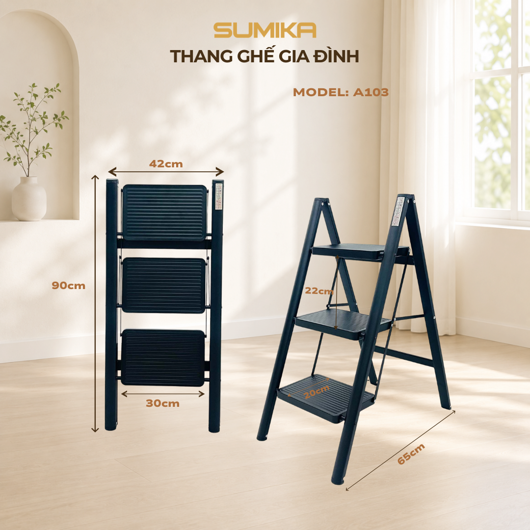 Thang ghế 3 bậc SUMIKA A103 (Black), chiều cao 68cm