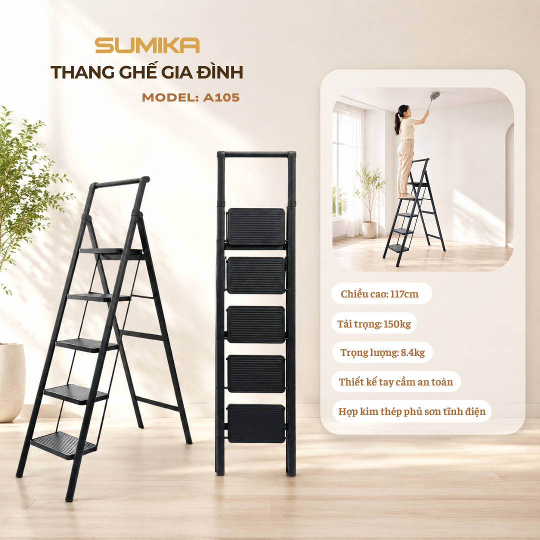Thang ghế 5 bậc SUMIKA A105 (Black), chiều cao 117cm