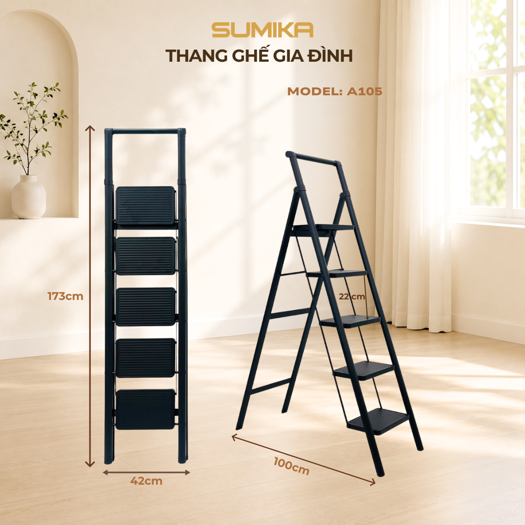Thang ghế 5 bậc SUMIKA A105 (Black), chiều cao 117cm