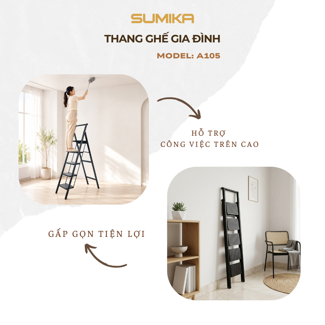 Thang ghế 5 bậc SUMIKA A105 (Black), chiều cao 117cm