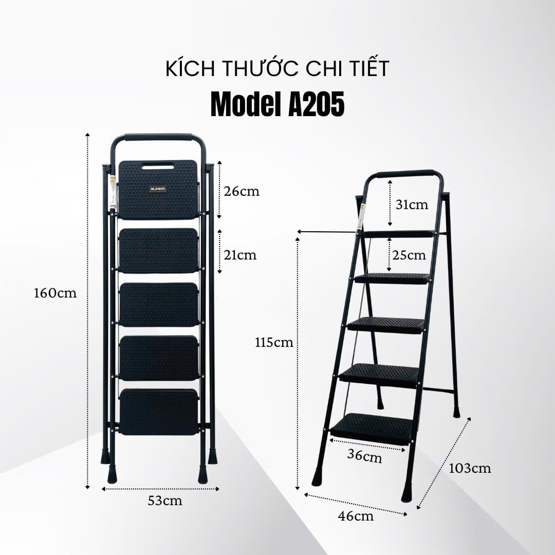 Thang ghế gia đình 5 bậc SUMIKA A205 (Màu Đen), chiều cao 115cm