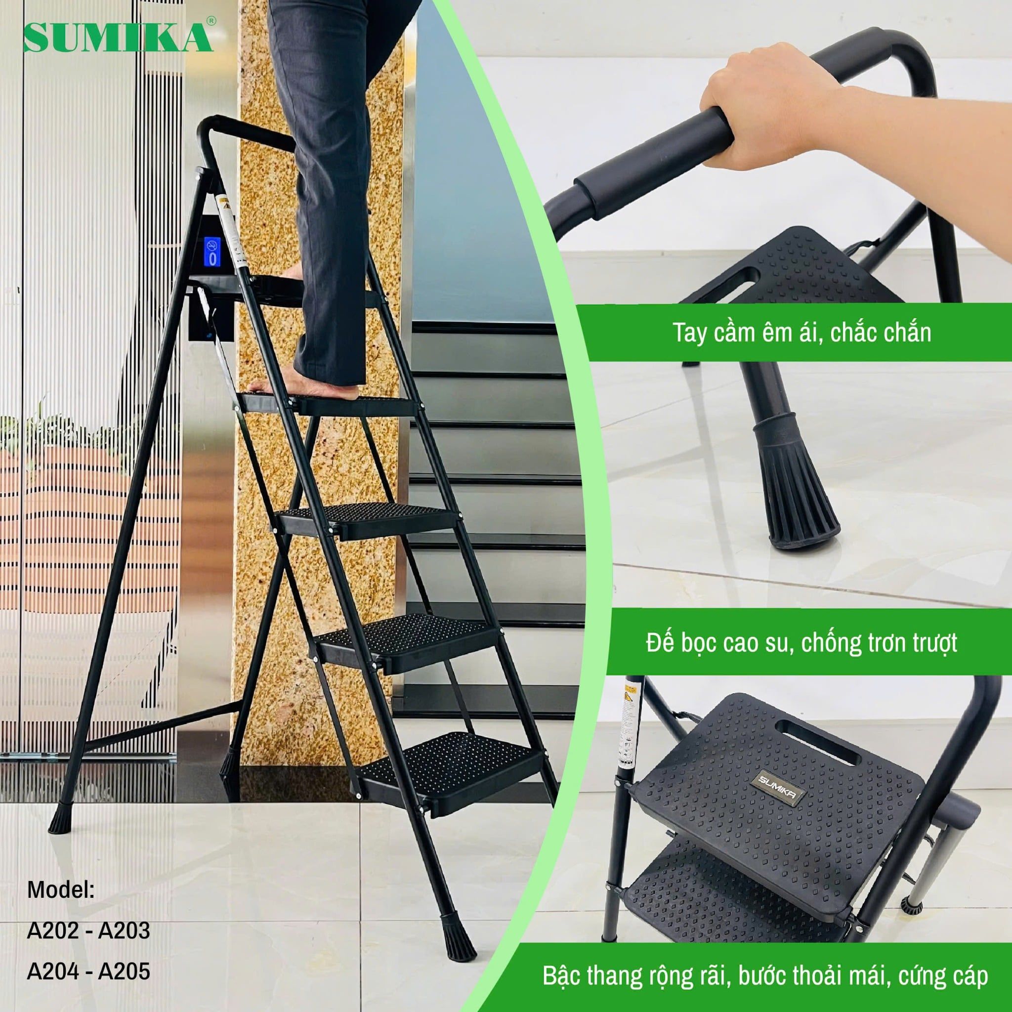 Thang ghế gia đình 5 bậc SUMIKA A205 (Màu Đen), chiều cao 115cm