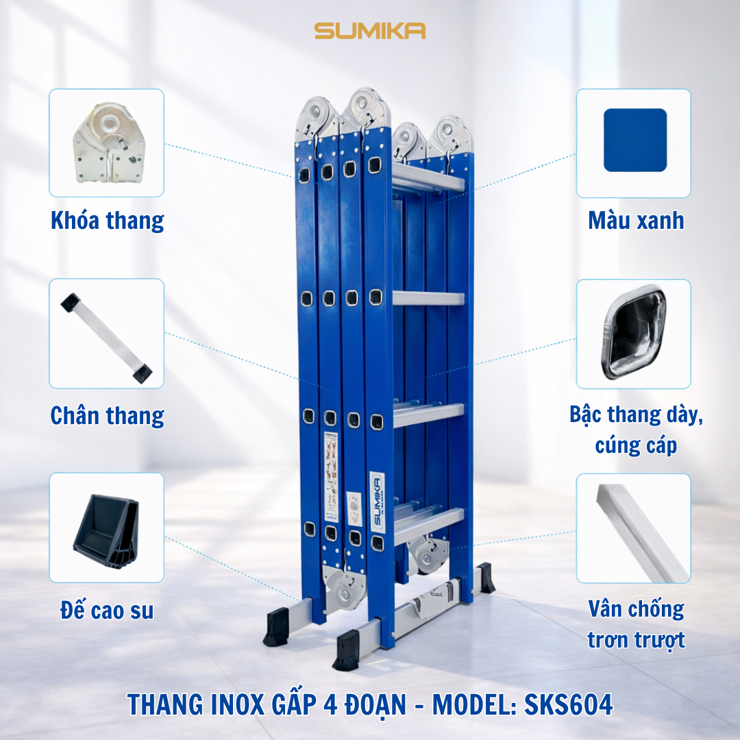 Thang inox gấp 4 đoạn Sumika SKS604, chữ A cao 2.35m, chữ I cao 4.7m