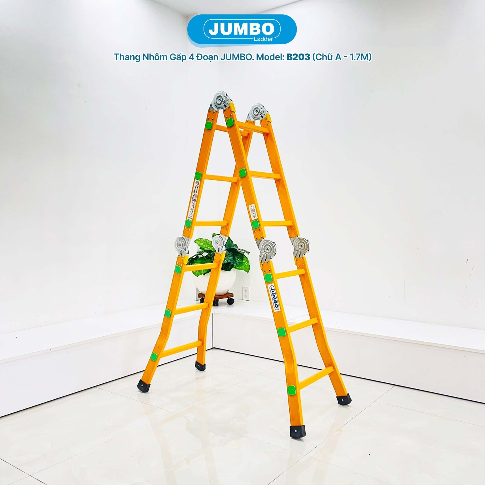 Thang nhôm gấp 4 đoạn JUMBO B203, chữ A cao 1.7m