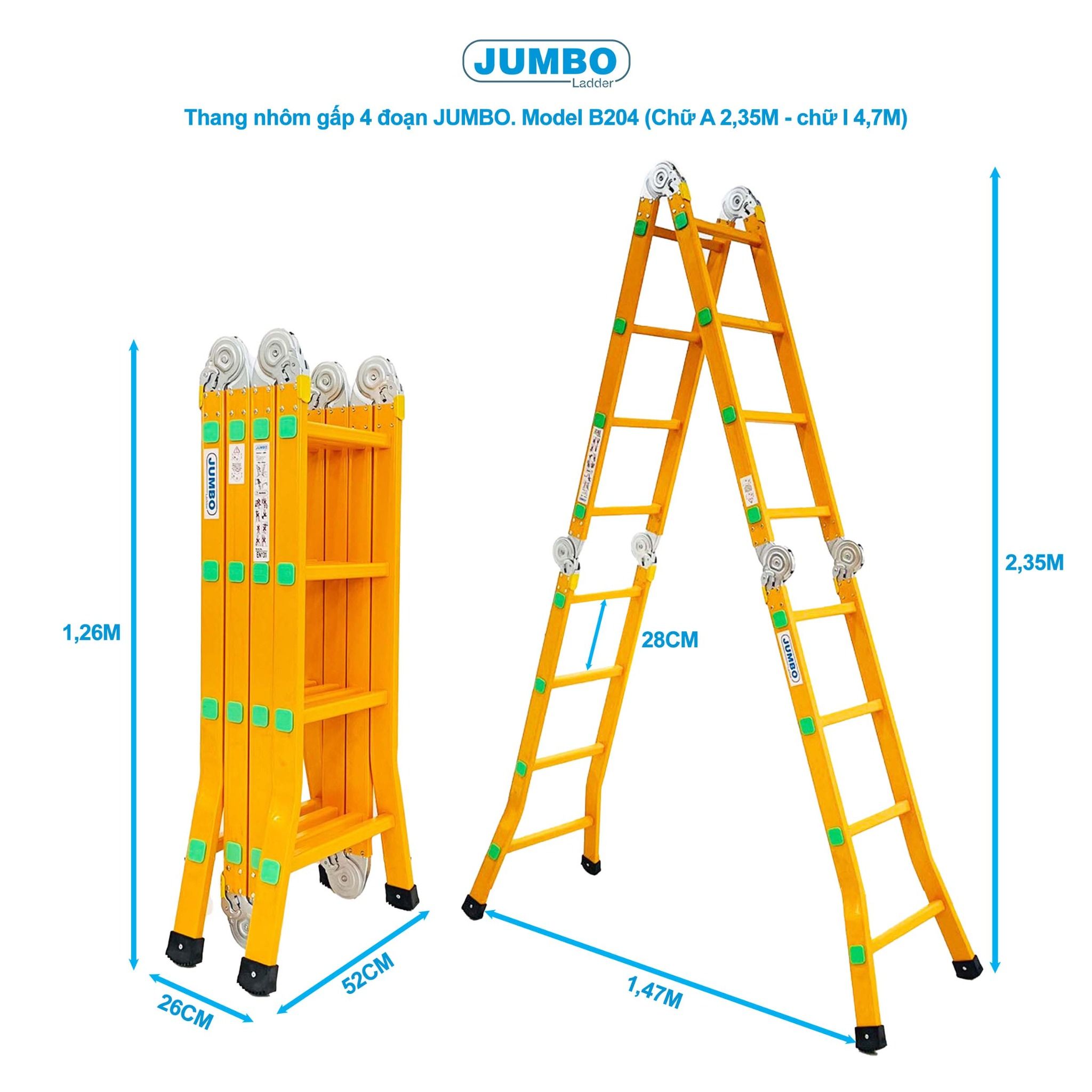 Thang nhôm gấp 4 đoạn JUMBO B204, chữ A cao 2.35m